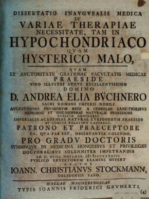 Diss. inaug. med. de variae therapiae necessitate, tam in hypochondriaco quam hysterico malo
