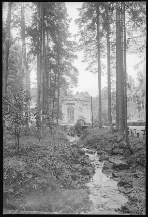 Marienbad. Waldquelle (1840, 1869) : Marienbad. Blick zur Kolonnade der Waldquelle (1840, 1869; F. Zickler). Bemalte Fotografie als Ansichtspostkarte