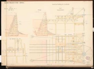 Hafen für Arkona Schinkelwettbewerb 1868: Landungssteg, Baugerüst: Grundriss, Längsschnitt, 2 Querschnitte 1:60; Maßstabsleiste