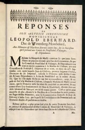 1-12, Reponses De Son Altesse Serenissime Monseigneur Leopold Eberhard ...