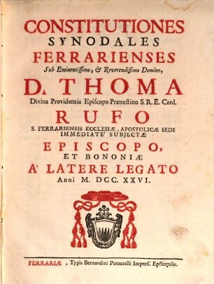 Constitutiones Synodales Ferrarienses anni 1726