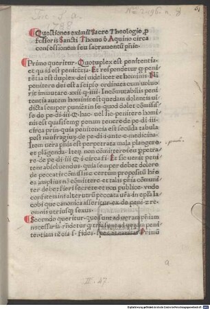 Quaestiones circa confessionem seu sacramentum poenitentiae iuxta doctrinam Thomae de Aquino