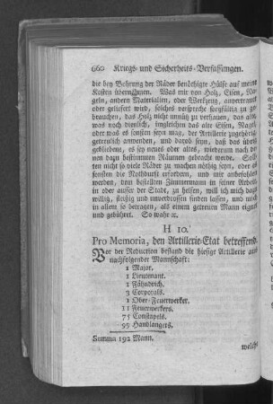 H10. Pro Memoria, den Artillerie=Etat betreffend.