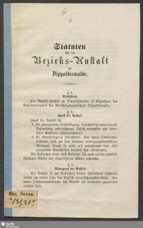 Statuten für die Bezirks-Anstalt zu Dippoldiswalde