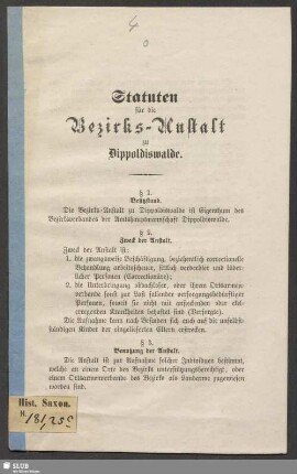 Statuten für die Bezirks-Anstalt zu Dippoldiswalde