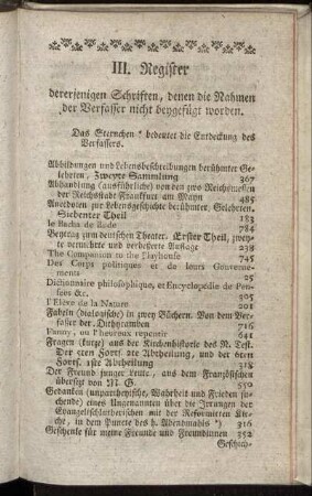III. Register derjenigen Schriften, denen die Nahmen der Verfasser nicht beygefügt worden.