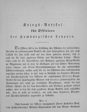 Kriegs-Artikel für Offiziere der Hamburgischen Truppen.