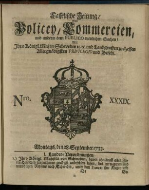 Nro. XXXIX, Montags, den 28. September 1733