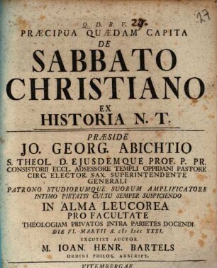 Praecipua Quaedam Capita De sabbato Christiano Ex Historia N. T.