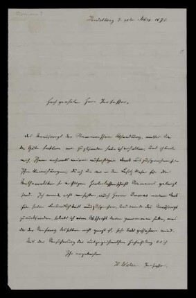 Briefentwurf von Heinrich Weber an Friedrich Wöhler. Heidelberg, 31.3.1875