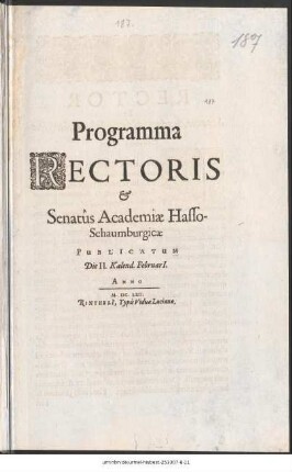 Programma Rectoris [et] Senatûs Academiæ Hasso-Schaumburgicæ Publicatum die II. Kalend. Februari[i]