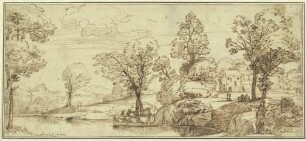 Flusslandschaft mit Männern auf einem Kahn, zwei Frauen am Ufer rechts, im Hintergrund einige Gebäude