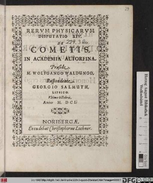 Rerum Pysicarum Disputatio XIV. De Cometis