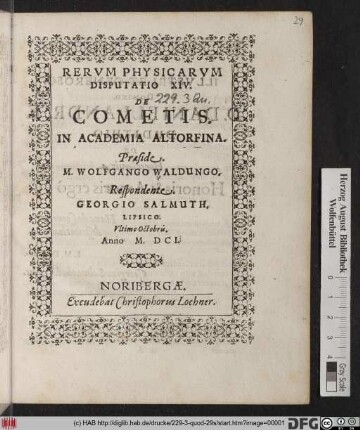 Rerum Pysicarum Disputatio XIV. De Cometis