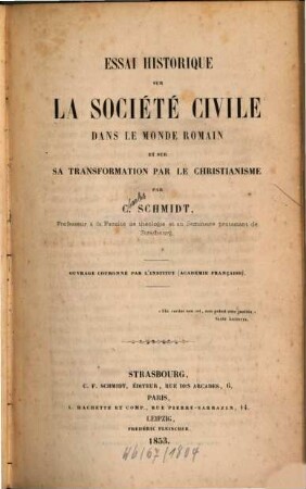 Essai historique sur la société civile dans le monde romain et sur sa transformation par le christianisme
