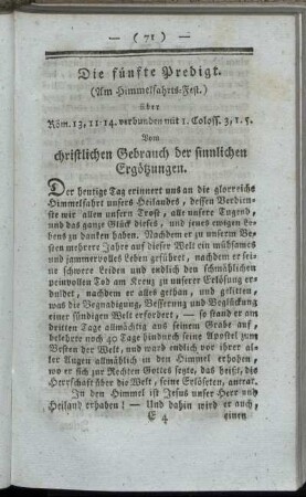 Die fünfte Predigt. [...] Vom christlichen Gebrauch der sinnlichen Ergötzungen.