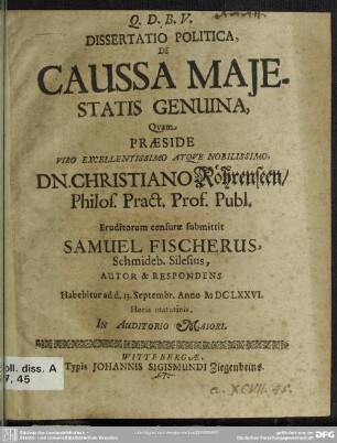 Dissertatio politica de caussa majestatis genuina