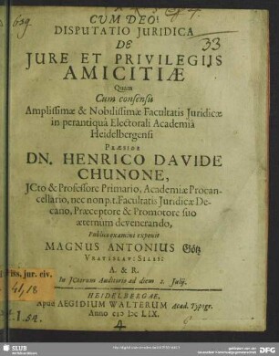 Disputatio juridica de jure et privilegiis amicitiae