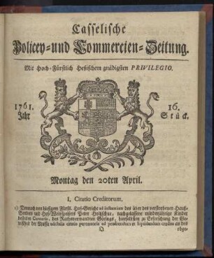16. Stueck, Montag den 20ten April 1761