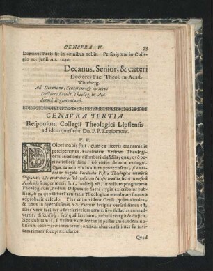 Censura Tertia. Responsum Collegii Theologici Lipsiensis ad idem quaesitum Dn. P.P. Regimont.