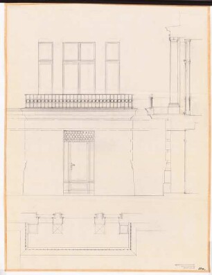 Reichsluftfahrtministerium, Berlin: Verbindungsbau: Balkonausbau Ansicht, Schnitt, Grundriss 1:20