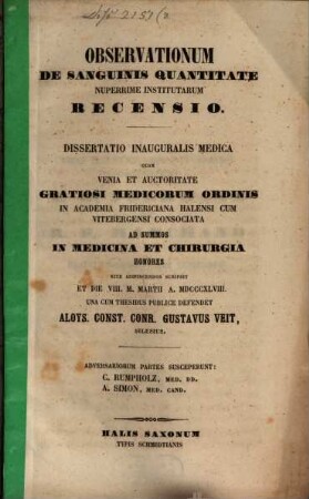 Observationum de sanguinis quantitate nuperrime institutarum recensio : dissertatio inauguralis medica