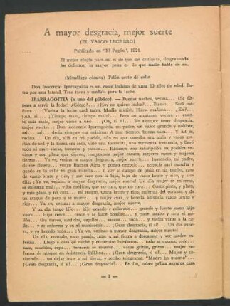 A mayor desgracia, mejor suerte : (El vasco lechero) - Publicado en "El Fogón", 1921 - Monólogo cómico