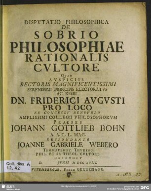 Disputatio Philosophica De Sobrio Philosophiae Rationalis Cultore