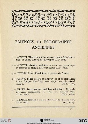 Faiences Et Porcelaines Anciennes (Nr. 1-16)