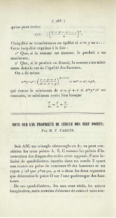 Note sur une propriété du cercle des neuf points.