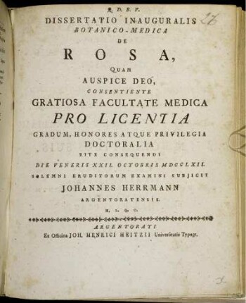 Dissertatio Inauguralis Botanico-Medica De Rosa
