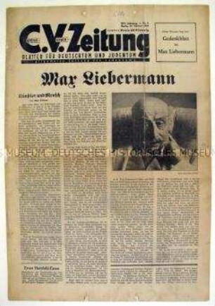 Wochenzeitung des Central-Vereins deutscher Staatsbürger jüdischen Glaubens "C.V.-Zeitung" zum Tod von Max Liebermann