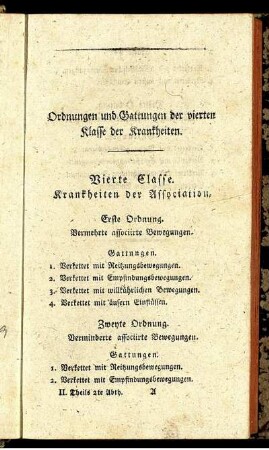 Ordnungen und Gattungen der vierten Klasse der Krankheiten.