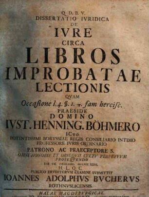 Dissertatio ivridica De ivre circa libros improbatae lectionis