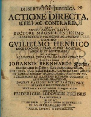 Dissertatio Juridica De Actione Directa, Utili Ac Contraria