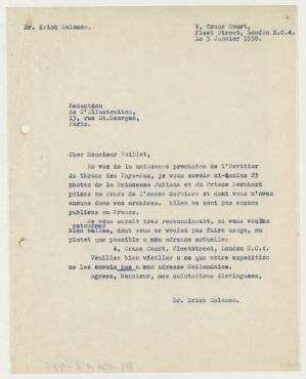 Brief von Erich Salomon an die Redaktion der L´Illustration, Paris