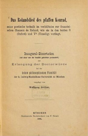 Das Rolandslied des pfaffen Konrad, seine poetische Technik im Verhältnis zur französischen Chanson de Roland, wie sie in den Texten O [Oxford] und V [Venedig] vorliegt