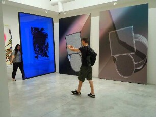 Venedig - Besucher der Biennale : Besucher betrachten und fotografieren zeitgenössische Kunstwerke in der Biennale von Venedig. Aufgenommen am 6. August 2011