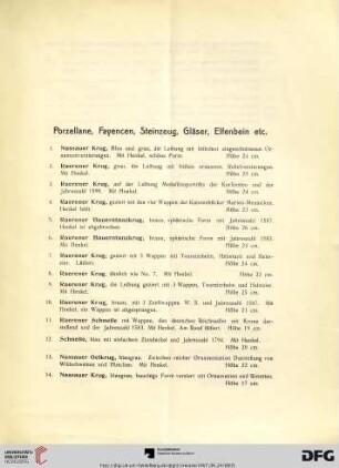 Porzellane, Fayencen, Steinzeug, Gläser, Elfenbein etc. (Nr. 1-104)