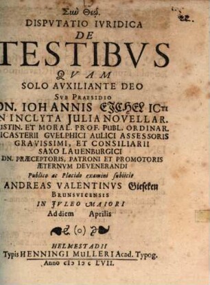 Disputatio ivridica de testibvs