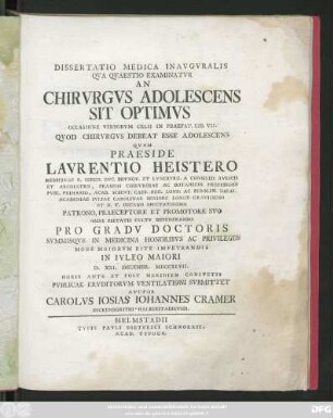 Dissertatio Medica Inavgvralis Qva Qvaestio Examinatvr An Chirvrgvs Adolescens Sit Optimvs Occasione verborum Celsi In Praef. Lib. VII. Qvod Chirvrgvs Debeat Esse Adolscens