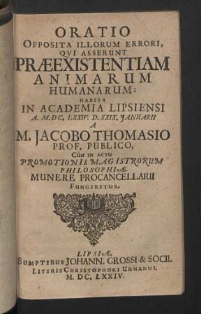 Oratio Opposita Illorum Errori, Qvi Asserunt Praeexistentiam Animarum Humanarum