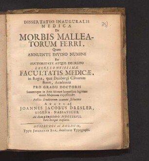 Dissertatio Inauguralis Medica De Morbis Malleatorum Ferri