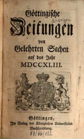 Göttingische Zeitungen von gelehrten Sachen : auf das Jahr .... 1743, 1743