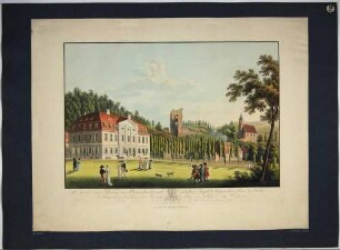 Ansicht von Tharandt mit der Berg- und Stadtkirche, der Burgruine und dem Bad (Kaltwasser-Heilanstalt) im Plauenschen Grund