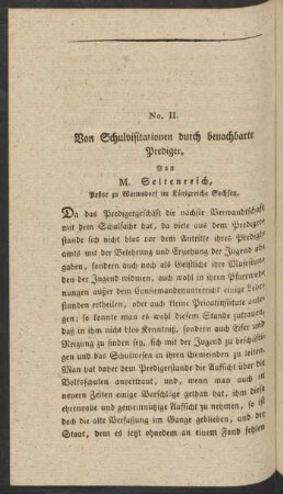 No. II. Von Schulvisitationen durch benachbarte Prediger. Von M. Seltenreich, Pastor zu Wermsdorf im Königreiche Sachsen