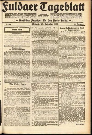 Erste Ausgabe vom Mittwoch, den 15. Dezember 1920.