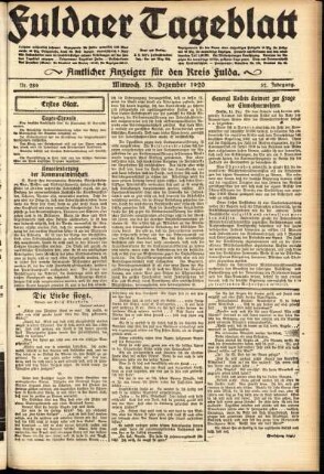 Erste Ausgabe vom Mittwoch, den 15. Dezember 1920.