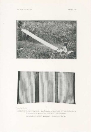 Plate XIII. 1. Subanun woman weaving. Peyó river, ... 2. Subanun cotton blanket. Sindangan river