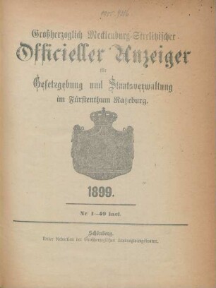 1899: Großherzoglich-Mecklenburg-Strelitzscher offizieller Anzeiger für Gesetzgebung und Staatsverwaltung im Fürstentum Ratzeburg